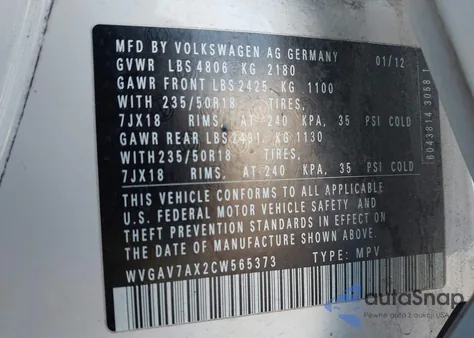 2012 Volkswagen Tiguan Se z USA, uszkodzony, nr VIN WVGAV7AX2CW565373